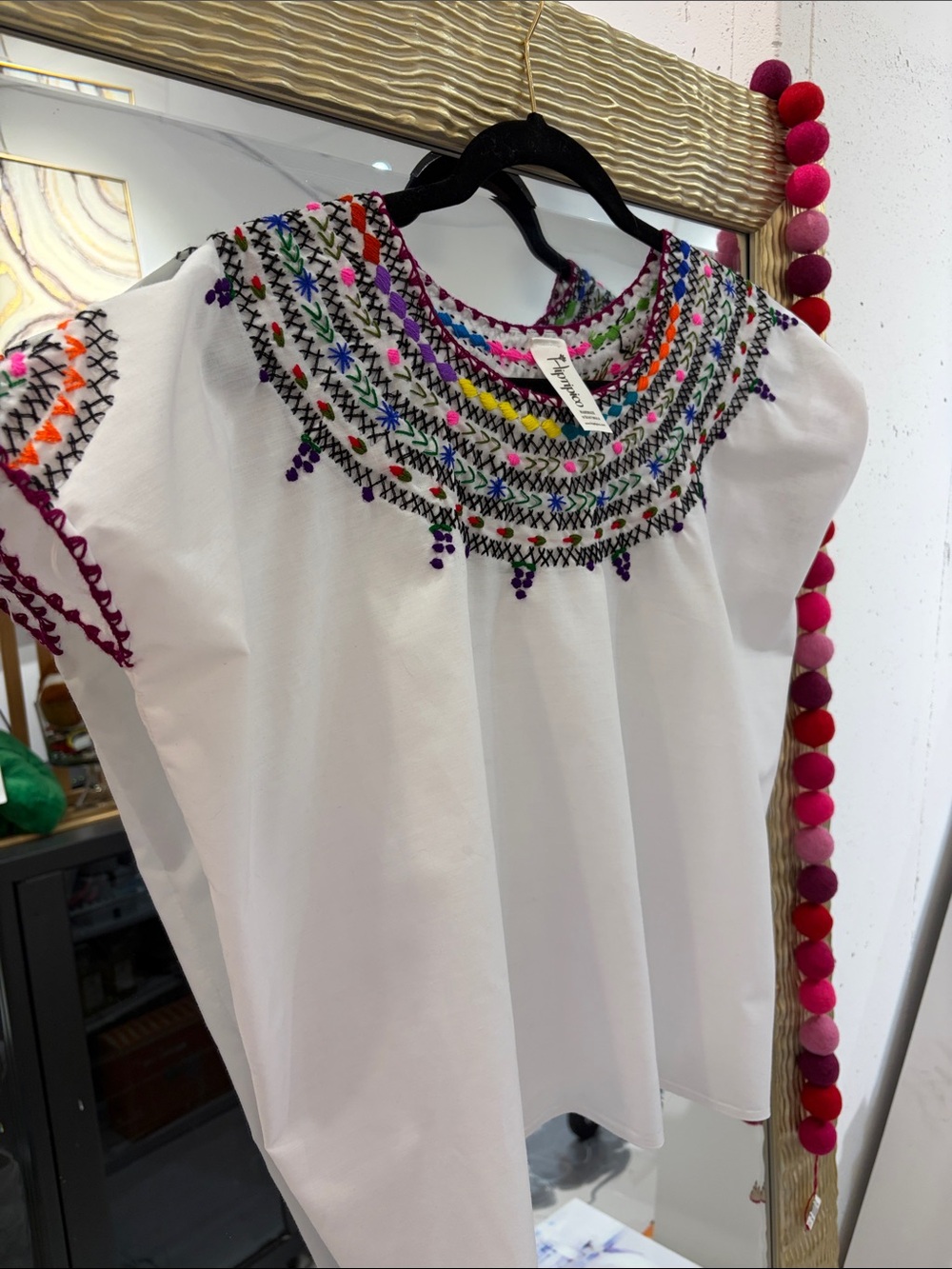 Hand-Embroidered White Peasant Blouse with Multicolor Yoke